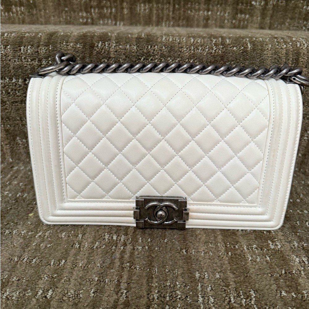 Chanel White Lambskin Medium Boy Bag with Gunmetal hardware